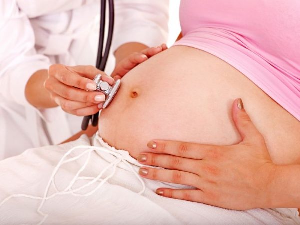 Доктор фонендоскопом слушает живот беременной